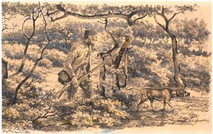 Krybskytte med hund i skov