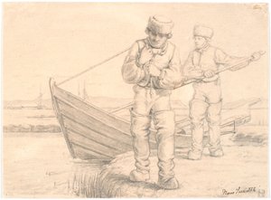 To limfjordsfiskere, der trækker en båd af Hans Smidth