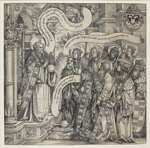 Maximilian præsenteret af sine skytshelgener til den Almægtige, 1519