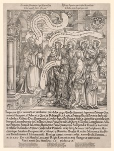 Kejser Maximilian præsenteret af sine skytshelgener til den Almægtige, 1519.