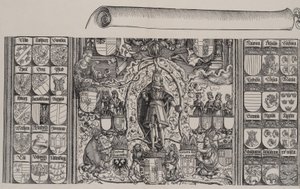 Den øverste del af Maximilians genealogi, med den højre kant af rullen for ..., 1515.