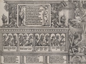 Det øverste afsnit af venstre portal, med indskriften på et løveskind, en frise med B..., 1515.