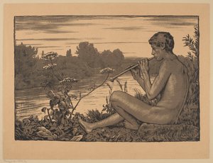 En faun, der spiller på fløjte af Hans Thoma