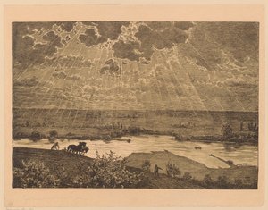 Landskab med en såmand og en plovmand ved Main af Hans Thoma
