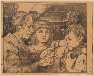 En gammel kvinde, der fortæller eventyr for to børn foran et hus i Schwarzwald af Hans Thoma