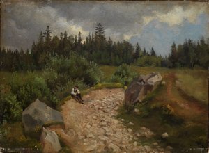 Stenet sti ved skovkanten med en siddende mand af Hans Thoma