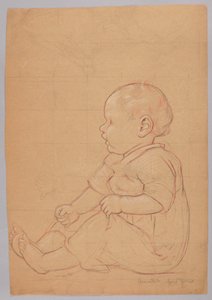 Studie af et siddende barn, verso: en gammel mand siddende på en sten af Hans Thoma