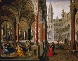 Palads med musikere - Hans Vredeman de Vries (Jan de Vriese ou Friedman de Frise) (1526-1606). olie på lærred