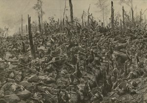 Tysk angreb på franske blokhuse og skyttegrave i Bois-le-Pretre efter artilleribombardementet den 5. juli 1915 (litho) af Hans W. (after) Schmidt