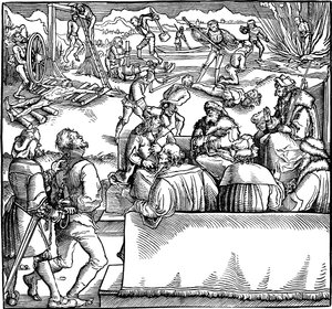 Retsmøde. Illustration fra bogen Phisicke Against Fortune af Petrarch, 1532 af Hans Weiditz the Younger