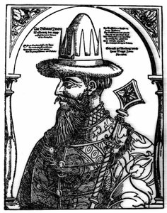 Portræt af Ivan IV den Forfærdelige (1533 - 1584), russisk zar. Xylografi af Hans Weygel. af Hans Weigel