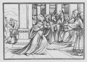 Athalia, der presser sig frem ind i templet, bliver grebet og dræbt, 2. Kongebog XI, 14 af Hans after Holbein the Younger