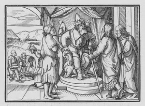 Farao Chideth Moses og Aron for deres budskab, Exodus V, 2 af Hans after Holbein the Younger