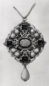 Design til et vedhæng med rubin, safirer og perler (pen & sort blæk, vask & wc på papir) af Hans attr. to Holbein the Younger