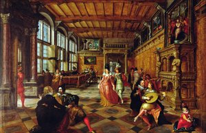Scene af et bal i et flamsk interiør