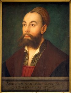Portræt af bankmanden Anton Fugger (1493-1560) (i teksten: repræsentant som han var i en alder af 31 år og 10 måneder) - Maleri af Hans Maler dit de Schwaz (1480-1526 eller 1529), olie på lærred, omkring 1525 - Tysk kunst 1500-tallet - Musee des Beaux A
