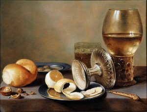Monokrom Banketje med to tinfade, en væltet sølvtazza, en forgyldt kniv, et glas med øl, en rummer med vin, en rulle brød, nødder, oliven og en halv skrællet citron af Hans van Sant