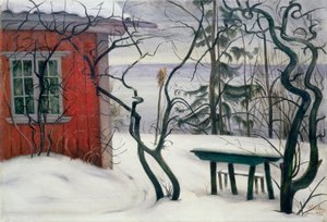 Vinter på Hvalsbakken. Snedækket landskab med deforme træer. Maleri af Harald Oscar Sohlberg (1869-1935)