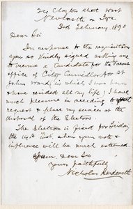 Brev fra Nicholas Hardcastle, der accepterer invitationen til at stille op som byrådsmedlem for St John