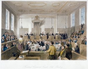 Inde i Central Criminal Court, Old Bailey, med en domstol i møde, City of London, 1840