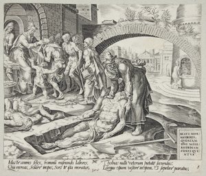 Salige er de barmhjertige. Tobit begraver de døde, klæder de nøgne på og fodrer de sultne af Harmen Jansz. Muller
