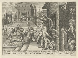 Rahab lader spionerne flygte gennem vinduet The History of Joshua (serietitel) af Harmen Jansz Muller