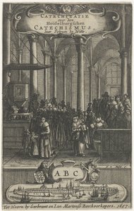 Kirkens interiør Titelside for: P. de Witte, Katekisation over Heidelbergschen-katekismen, 1657 af Harmen de Mayer