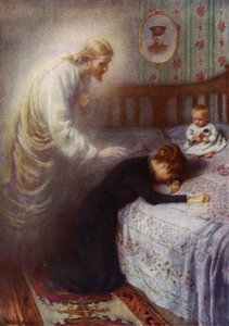 Kristus talsmanden: Jesus trøster en sørgende britisk krigsenke (farve litho)