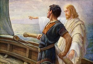 Livets solopgang, Kristus ved roret (farve litho) af Harold Copping