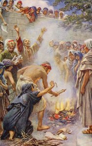 Det Nye Testamente: Brænding af bøgerne (farvelitografi) af Harold Copping