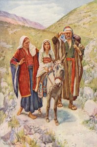 Det Nye Testamente: Hjemkomsten fra Egypten (farvelitografi) af Harold Copping
