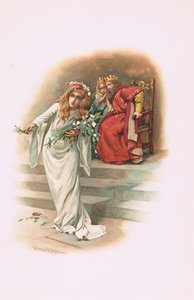 Ophelia med kongen og dronningen, illustration fra Hamlet af Harold Copping