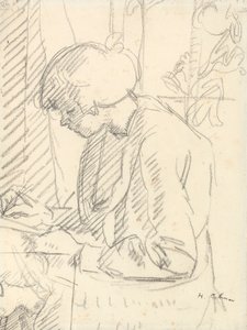 En pige skriver (sort kridt på papir) af Harold Gilman