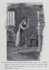 "Et særligt og ynkeligt syn var det af en sød lille pige, sådan som Sir John Millais gerne ville have malet, dansende på et par bælge for tre pence om dagen" (s/h foto) af Harold Hume Piffard