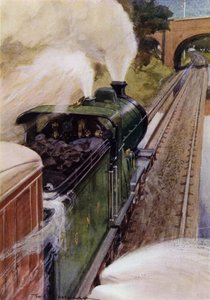 Damplokomotiv på Great Northern Railway optager vand (farve litho)