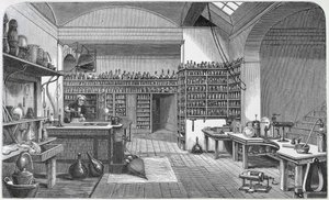 Michael Faraday (1791-1867) i sit kælderlaboratorium, fra Henry Bence Jones 