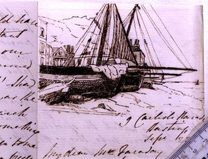 RI MS F1 I160 Vignette af fiskerbåde ved Hastings, en skitse i et brev til Michael Faraday (1791-1867), 23. september 1853 (pen og blæk på papir)