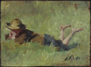 Dreng liggende i græs, 1890 (olie på træpanel) af Harriet Mary Ford