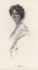 En karakter, Sylvia, fra romanen, The Opened Shutters, af Clara Louise Burnham (litho) af Harrison Fisher