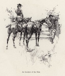 Hesteryttere holder pause for at åbne en port (litho) af Harrison Fisher