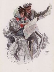Mand og kvinde læser et kort i en bil (farve litho)