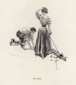 Mand caddiing for en kvinde på golfbanen (litho) af Harrison Fisher