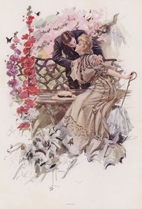 Mand kysser en kvinde i en have (farve litho)