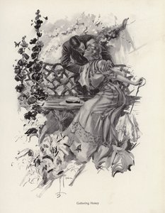 Mand kysser en kvinde i en have (litho)