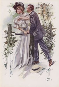 Mand forsøger at stjæle et kys fra en ung kvinde (farve litho)