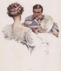 Mand venter på, at en kvinde skal betro ham en hemmelighed (farve litho)