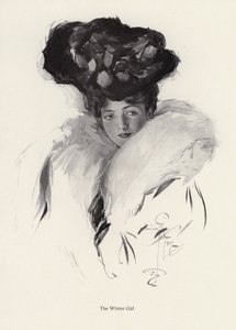 Portræt af en ung kvinde i hat og pels (litho) af Harrison Fisher