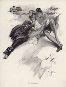 To elskere tegner hjerter i sandet på stranden (litho)