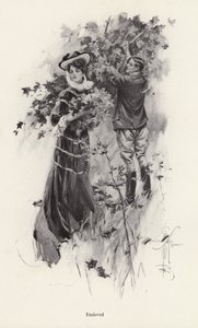 Kvinde plukker blomster med en mandlig beundrer (litho) af Harrison Fisher