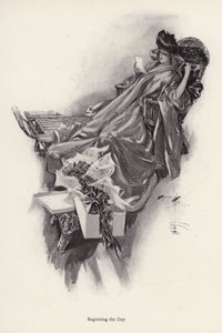 Kvinde modtager en buket blomster fra en beundrer (litho) af Harrison Fisher